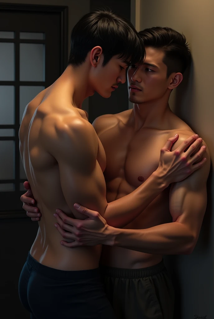 A handsome Japanese man has his hands under the armpits of another man from behind