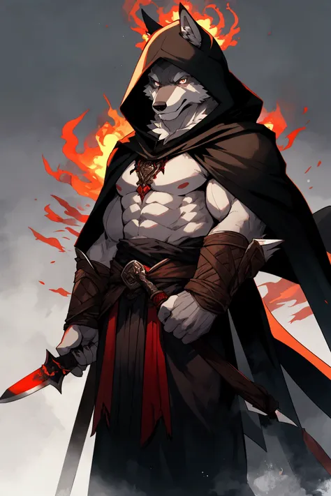 Gray wolf orcs，White belly。Dark brown eyes。Black cape with hood。The cape has a red flame pattern。Holding a long black knife。