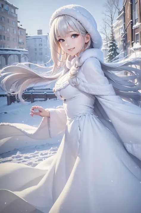 (the upper body:1.5).masterpiece、Highest quality、1 girl, winter, platinum blonde hair, Cute girl, smile, close mouse, medium breasts, sideboob:1.4, white dress, winter clothes, long skirt, Fur coat、Small waist、Thin legs、outdoors, front of the lake, snow fa...