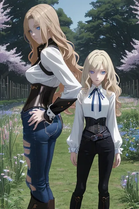 Anime style scene with a 21-year-old female character with a mature face, arching her back, and an adolescent boy standing behind her, looking at her. The woman has long, waist-length, wavy blond hair, V bangs, and blue eyes, wearing a white blouse with a ...