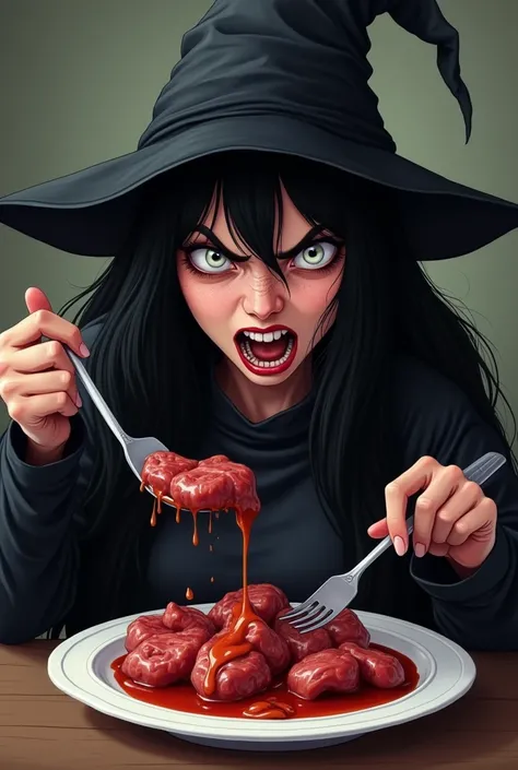 A black-haired witch eating a plate of meat with a look of disgust 