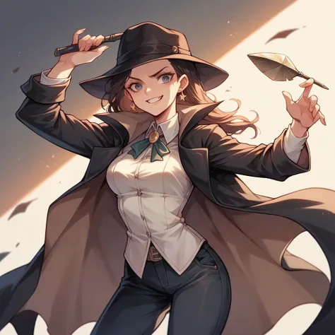 female detective, with dress pants and a cape jacket, a hat