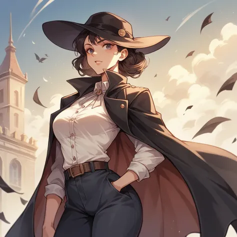 female detective, with dress pants and a cape jacket, a hat