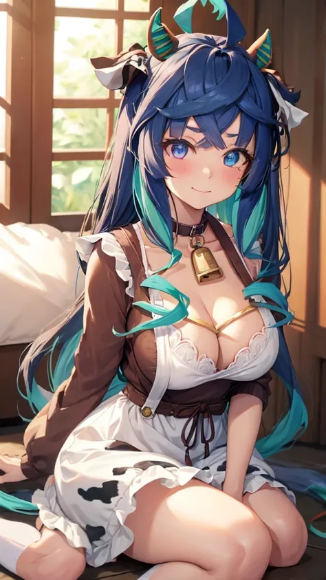 ((((sexy))))((((Spectacle lady))))1girl, solo, long hair, breasts, looking at viewer, blush, smile, bangs, Blue eyes, large breasts, brown hair, long sleeves, dress, holding, animal ears, cleavage, sitting, closed mouth, green eyes, thighs, horns, socks, i...