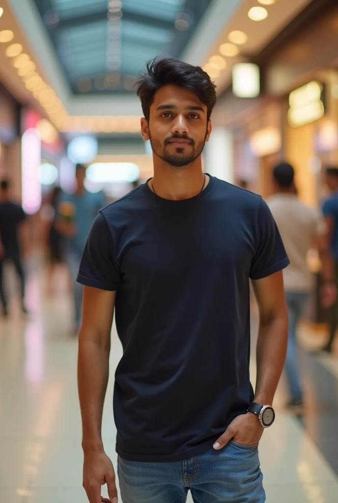 A boy age 27 south India from andhrapradesh wear jeans and t-shirt dusky skin and searching for his girlfriend in shopping mall in mumbai city.