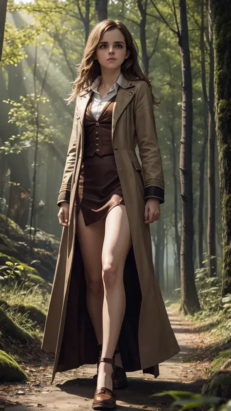 Emma Watson as Hermione Granger, Long Hair, Big Breasts, in Slit clothes walking in forest happy holding magic stick