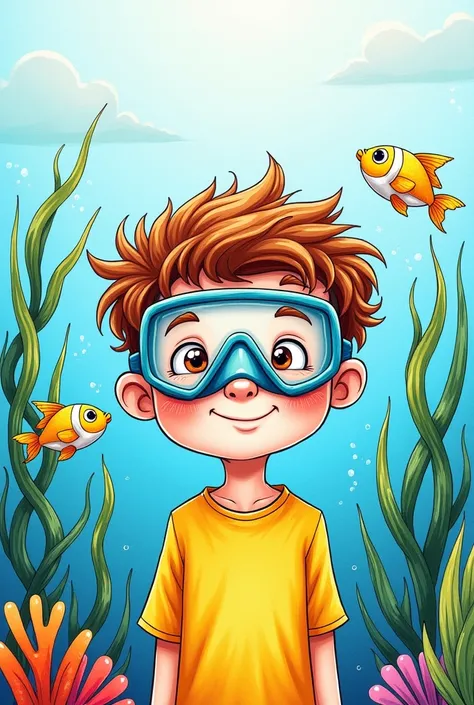 
Image: A colorful drawing of a smiling boy with diving goggles, surrounded by fish and seaweed leaving a space at the top 



