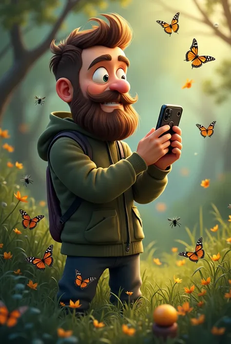 a french cut beard animated man and lots of butterflies and bugs and spiders around him in the nature he is taking pictures by a mobile phone