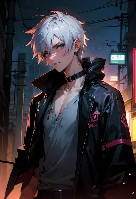 One male character, adult male, bishonen, pretty, handsome, choker, cybernetic inspiration, cyberpunk, alternative fashion, serious angry face, urban setting, cybergoth, night setting, neon lights