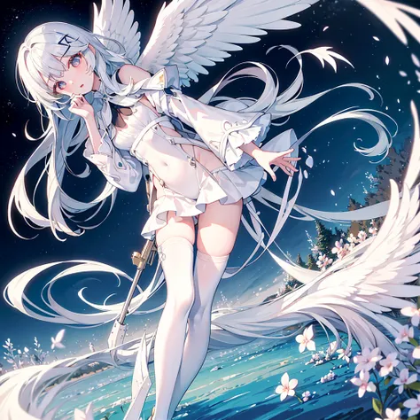 ((masterpiece, Highest quality)), Detailed face, whole body, white色の背景, Standing in the Wilderness,Very detailed, One Girl,Small head wings,Medium hair,white_hair,Colored inner hair,Hair Clip,Swimwear,Elongated pupils,Silver Eyes,Detailed and sophisticated...