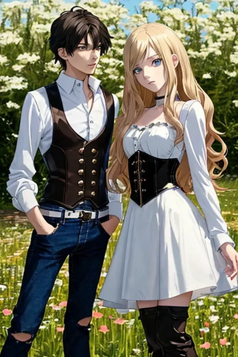 Anime style scene with a 21-year-old female character with a mature face, arching her back, and an adolescent boy standing behind her, looking at her. The woman has long, waist-length, wavy blond hair, V bangs, and blue eyes, wearing a white blouse with a ...