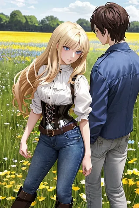 Anime style scene with a 21-year-old female character with a mature face, arching her back, and an adolescent boy standing behind her, looking at her. The woman has long, waist-length, wavy blond hair, V bangs, and blue eyes, wearing a white blouse with a ...