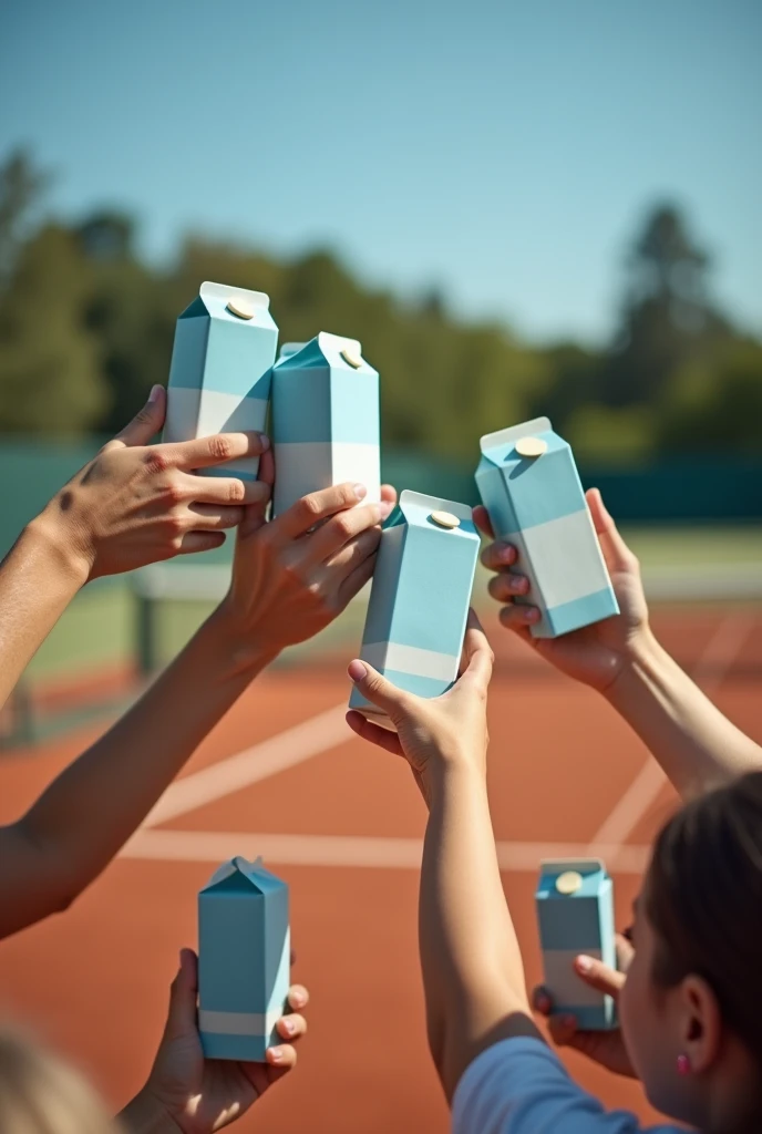 Tennis court background，Several people hold boxes of milk and raise their glasses together，Photography