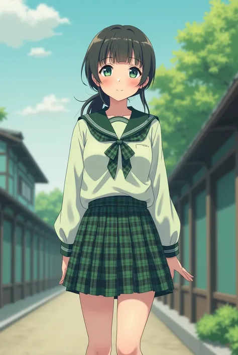 Real girl in the school yard of ancient Japan, Shirt with a sailor collar in pastel green and black checks and a pastel green and black check bow tie ,pastel green and black skirt, High socks,18 years, hits, a few little smiles, thighs, knees, low ponytail...