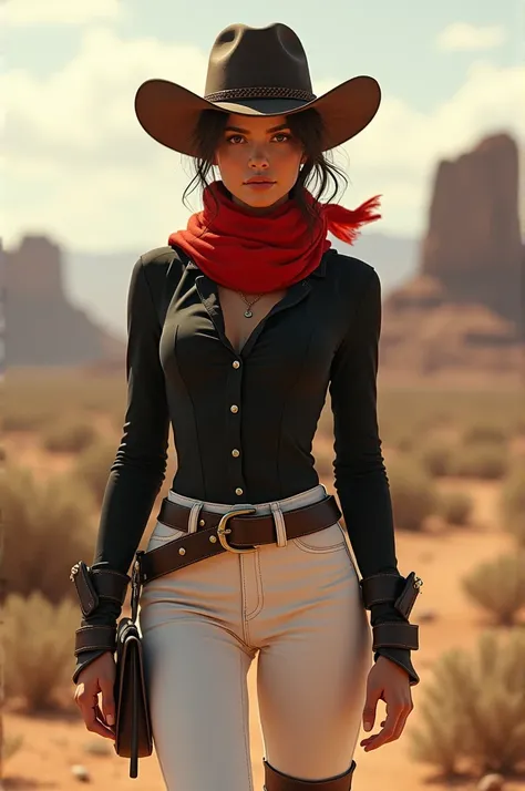 Cowgirl girl in white pants, black knee-high boots, black long-sleeved blouse, short red scarf around her neck and cowboy hat