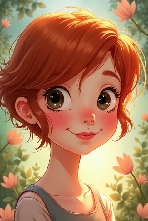 A redhead with short hair and bangs with black eyes and freckles ,Disney  style 
