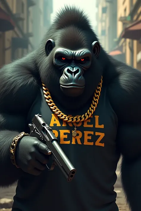 Gorrila with gold chains and a gun and a shirt that says angel Perez the hyenas prrr