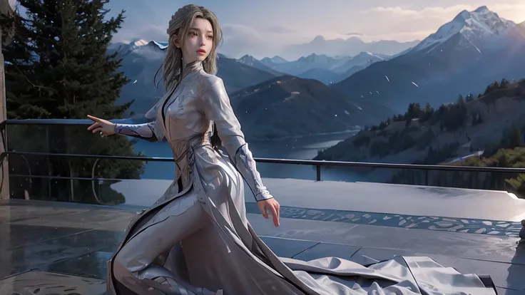 masterpiece,Game Art,Best picture quality,Maximum resolution,8k,(Upper Body),Unreal Engine 5 rendering works,(Digital Photography),(Girl dancing sword,The smile is beautiful),Short hair details,(The eyes are very delicate),(With long gray hair:1.4),(Perfec...