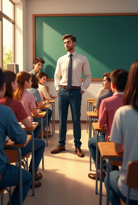 create image of 3 male students and 11 female students all sitting and one male teacher standing giving the first journalism class 