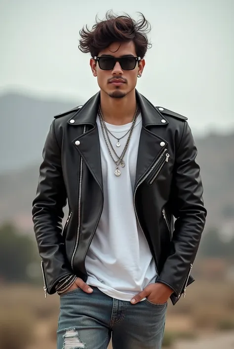 1 young man, Alone, Upper part of the body, big , An elegant, An edgy leather jacket paired with a classic white tee and distressed jeans is both confident and relaxed.，messy hair (Music festivals or trendy downtown neighborhoods.) Statement sunglasses and...