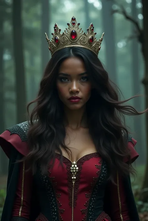 a girl from the waist up with dark skin with long wavy cherry-colored hair wearing a tiara wearing a red villain-type outfit with black and gold details looking straight ahead with a dark enchanted forest background