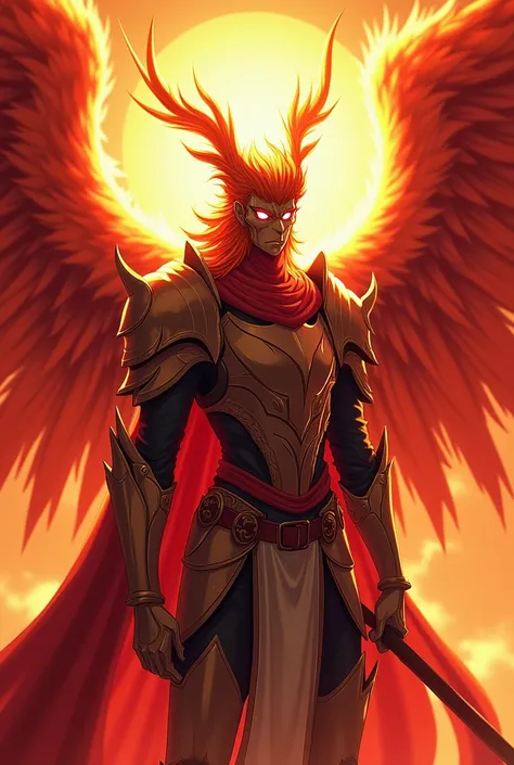 Ikki of the Phoenix, 1 men, Phoenix Knight , Anime Knights of the Zodiac , Anime santa Seyia, imagem fantasia, Phoenix Knight andando envolto em chamas, Phoenix bird behind the knight covering with its wings, Perfect Phoenix Armor