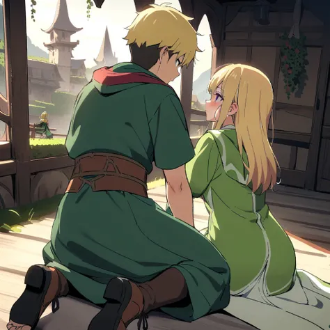 {{cowgirl shot, dutch angle, female focus}} {{Artist: Sincos}} 1girl 1boy, both close next to each other

girl, long green mage robe, blonde, kneeling on the floor feet, toes, far away, backshot, Boy with blonde hair in heavy armor, lying next to girl. Bac...