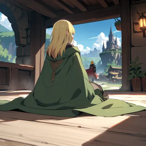 {{cowgirl shot, dutch angle, female focus}} {{Artist: Sincos}} 1girl 1boy, both close next to each other

girl, long green mage robe, blonde, kneeling on the floor feet, toes, far away, backshot, Boy with blonde hair in heavy armor, lying next to girl. Bac...