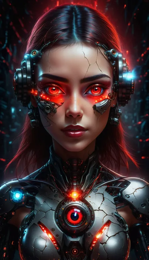 portrait of a woman with half mechanical face and cyborg eyes, glowing red cyber eye, cracked skin, high quality, high details, sharp focus, high contrast, shining and sparkling, dark colors, beautiful girl face