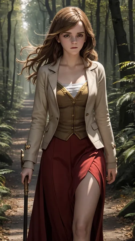 Emma Watson as Hermione Granger, Long Hair, Big Breasts, in Red Slit clothes walking in forest happy holding magic stick