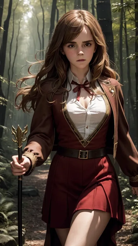 Emma Watson as Hermione Granger, Long Hair, Big Breasts, in Red Slit clothes walking in forest happy holding magic stick