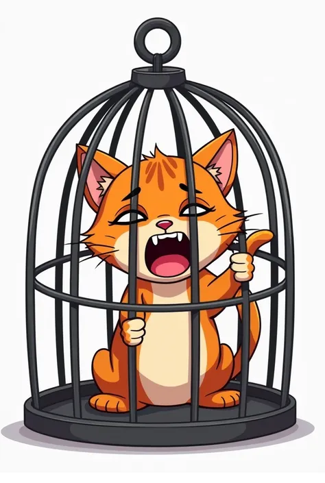 A sad cat screaming, locked in a cage, animated like the cartoons, on a white background 