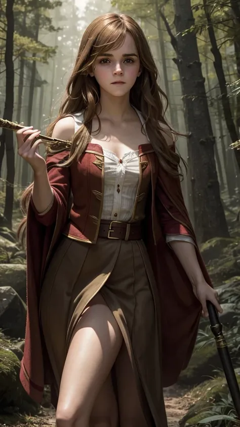 Emma Watson as Hermione Granger, (Long Hair), Big Breasts, in Red Slit clothes walking in forest happy holding magic stick