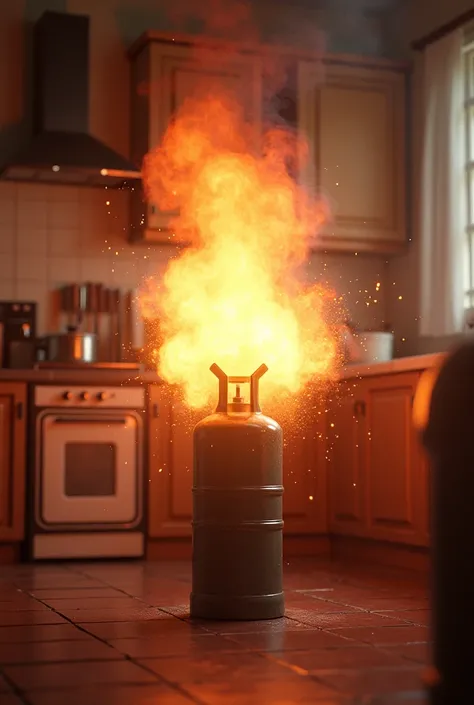 In a kitchen a gascylinder is blasting, and serious lighting, animation 3D 4k picture 