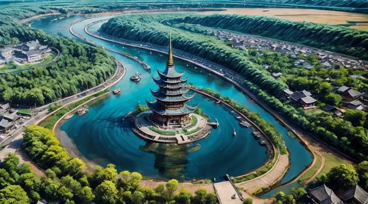 big pagoda circular on the center of a river with populated shops on the side walk asian style medieval aerial view city