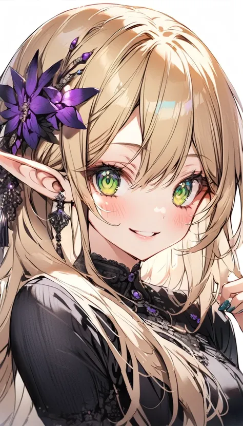 (elf girl:1.3), (green eyes:1.2), (blonde hair:1.2), (hand raised:1.1), (smiling:1.0), (blush:1.0), (black dress:1.2), (jewelry:1.0), (long hair:1.2), (pointed ears:1.2), (purple hair accessory:1.1), (detailed clothing:1.0), (white background:1.2)