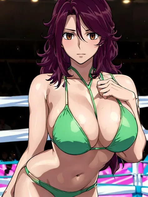 1girl, blunt bangs, wrestling gear, (purple hair:1.2), very long hair, looking at viewer, smile, highly detailed background of wrestling ring, (photo realistic:1.2), detailed eyes, red eyeshadow, depth of field，thighs, upper body, (solo:1.2), (cyberpunk ci...