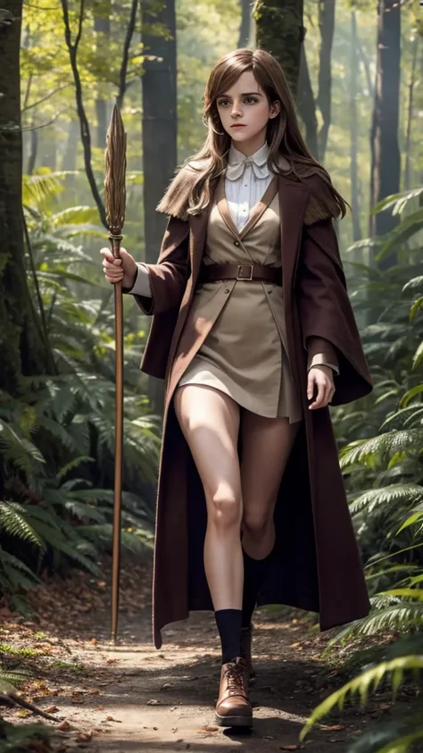 Emma Watson as Hermione Granger, (Long Hair), Big Breasts, in Red Slit clothes walking in forest happy holding magic stick