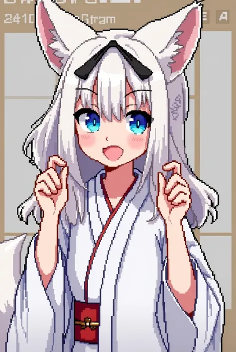 Retro game style,Action games,Like a retro game,pixel,pixel art,Fox Ears,１０Late 20s,cool,woman,White kimono,Blue Eyes