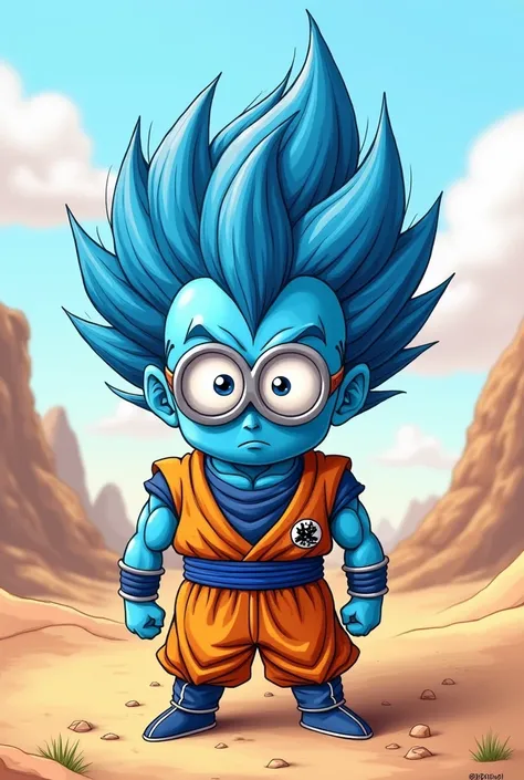 Draw a super saiyan blue Minion in the desert 