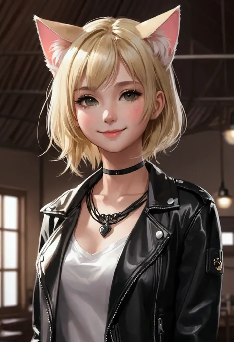  masterpiece, (best quality:1.2), (Clear focus:1.2),, 1 girl, Slim girl,, (Blonde|Light_hair), Cat ears,, young|Cute face, blush, Smile,, natural breast, Thin arms,, Black tight leather jacket, Black necklace,, indoor