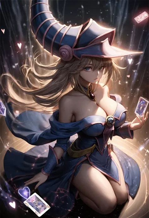 (masterpiece:1.2), (The best quality:1.2), perfect lighting, Dark Magician Girl casting a spell, floating in the air, big tits, neckline, magic background. Transparent hearts in the air, blue robe, big hat, from above, Sparkles, Yugioh Card in the backgrou...