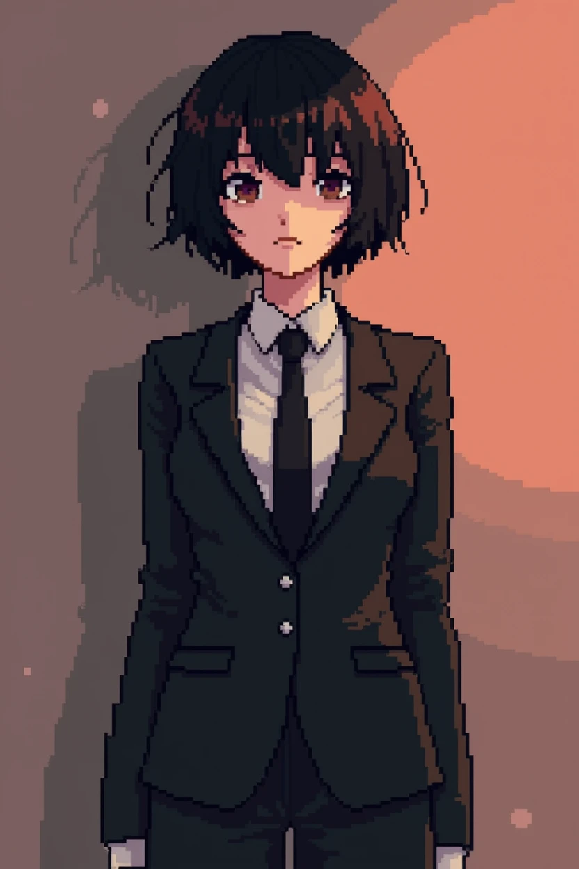 pixel,pixel art,Short black hair,２０Early 20s,woman,Black Suit
