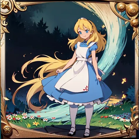 (Tabletop, Highest quality), (Perfect athletic body:1.2), (Fine hair), Very detailed, Anime Style, whole body, alone, Fantasy Blonde Hair, Blue Eyed Girl, Apron dress like Alice in Wonderland, Playing cards with your hands, Red Hairband, Black-purple miasm...