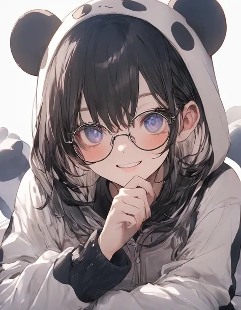 masterpiece、20 year old girl、Black Hair、short Hair、smile、(((panda pajamas, panda face hood)))、(wearing glasses)、rest ones chin on ones chin、Upper body, ((lie down in bed)), heart background