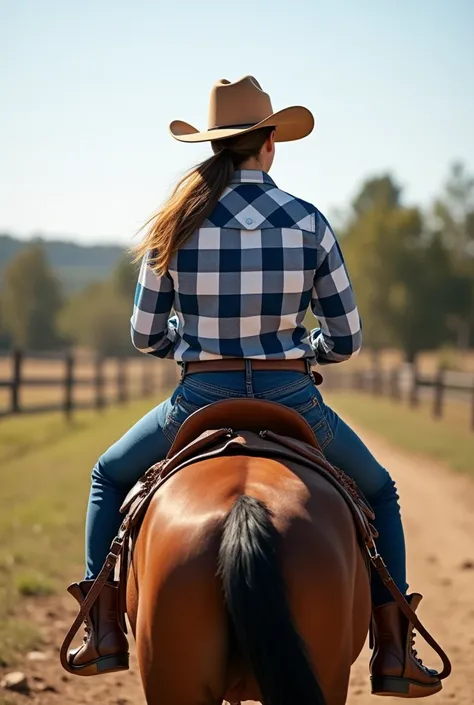 I want a picture of me riding a horse backwards, cowboy dress. In the photo, I am wearing a light brown cowboy hat, a blue and white plaid shirt, e jeans. The horse is brown with a traditional leather saddle. The setting is an open field environment with s...