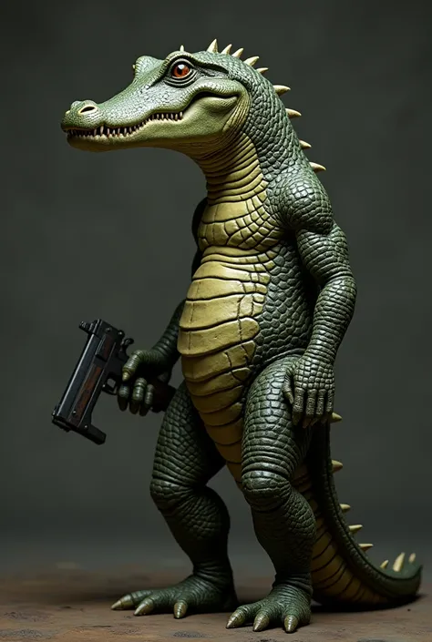 The body is a human, the head is a crocodile, and the hand holds a gun.