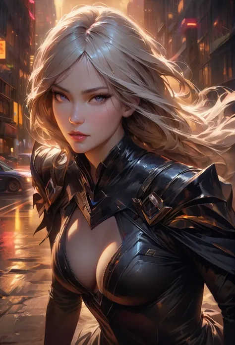 a white-haired girl with grey eyes and dark circles, wearing a black heroine costume, detailed cityscape at night, (best quality,4k,8k,highres,masterpiece:1.2),ultra-detailed,(realistic,photorealistic,photo-realistic:1.37),extremely detailed eyes and face,...