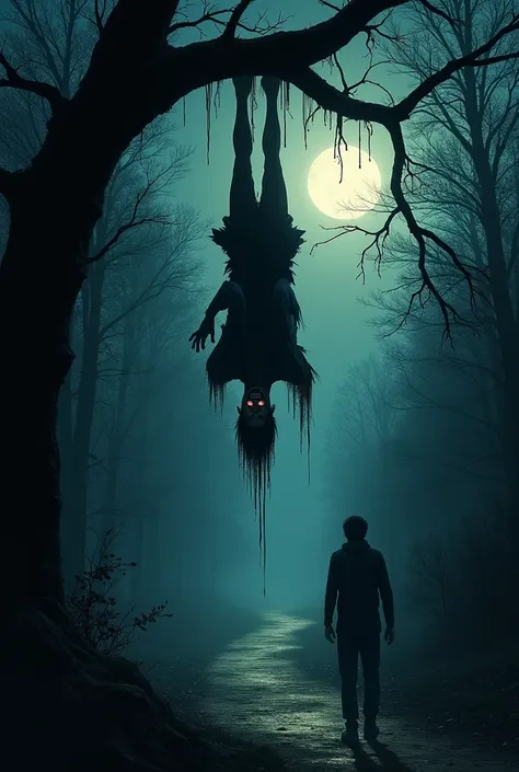 A man hanging from a tree scaring a person passing by late at night
