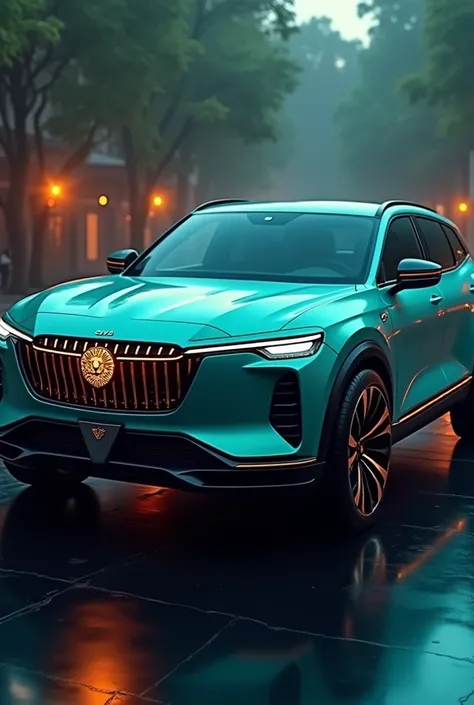 SUV  GRANDE  DE LUJO electrónico PREMIUM  de color  💚 CELESTE Lima   LUMÍNICO MEZCLADO  CON UNA LIGERA COBRIZA  ATARDECIDA  ESPEJO VINO CON LOGO TIPO DE UN LEON DORADO  Y  EL  FRENTE  DE  LA  Rejilla  AROS FILOSOS  Y. star shaped.  FUTURISTIC KNIFE LIKE A ...